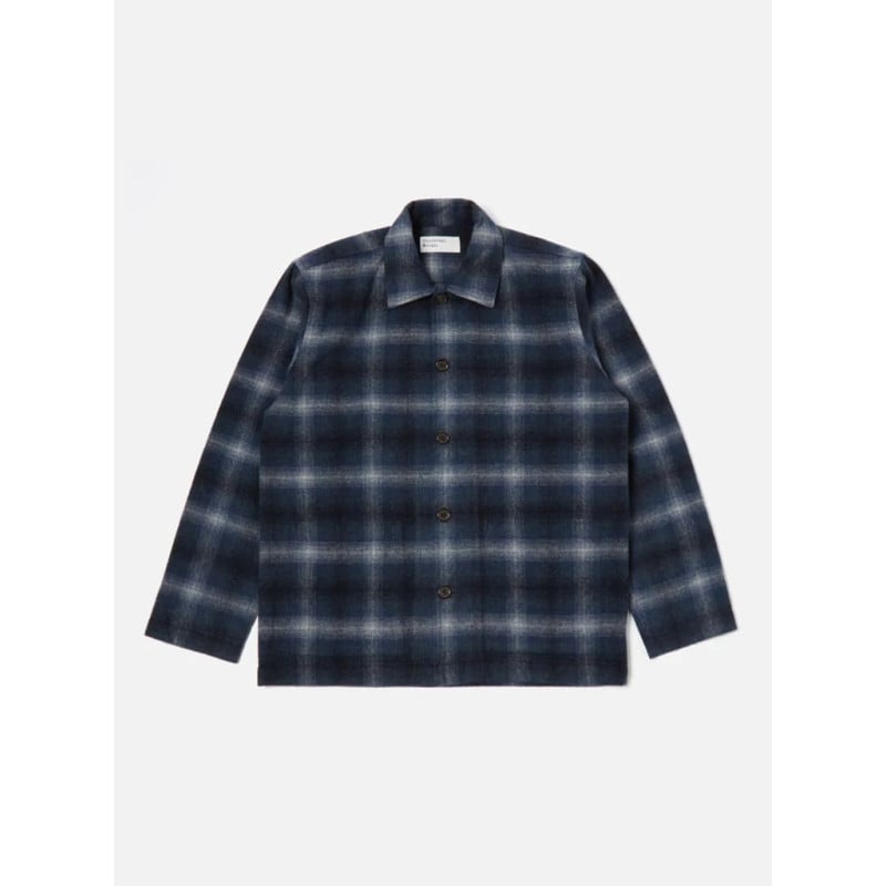 UNIVERSAL WORKS EASY OVER JACKET NAVY CHECK MIX FLANNEL RECYCLED WOOL