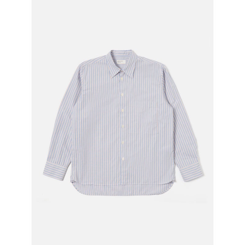 UNIVERSAL WORKS SQUARE POCKET SHIRT BUSY STRIPE COTTON BLUE ORANGE STRIPE