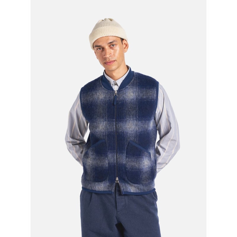 UNIVERSAL WORKS ZIP WAISTCOAT FRESCO FLEECE NAVY GREY