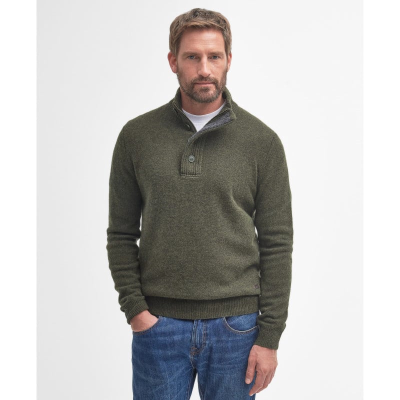 Pull Barbour Homme en Laine Mérinos Seaweed – Patch Half Zip Zippé Col Montant Vert