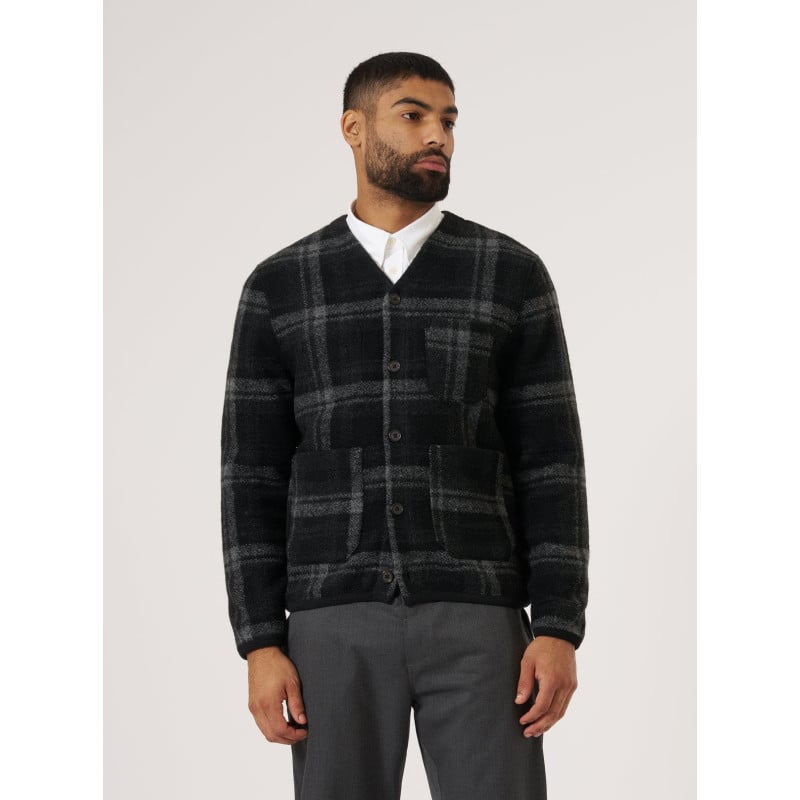 UNIVERSAL WORKS MOH CHECK FLEECE CARDIGAN GREY
