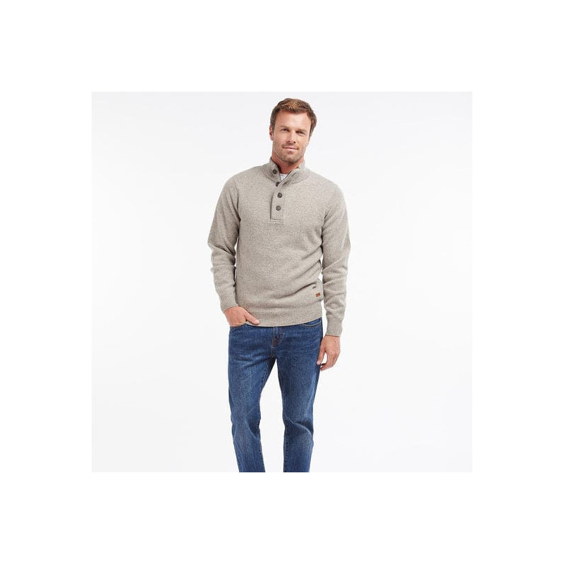 Pull Barbour Homme en Laine Mérinos Stone – Patch Half Zip Zippé Col Montant Beige