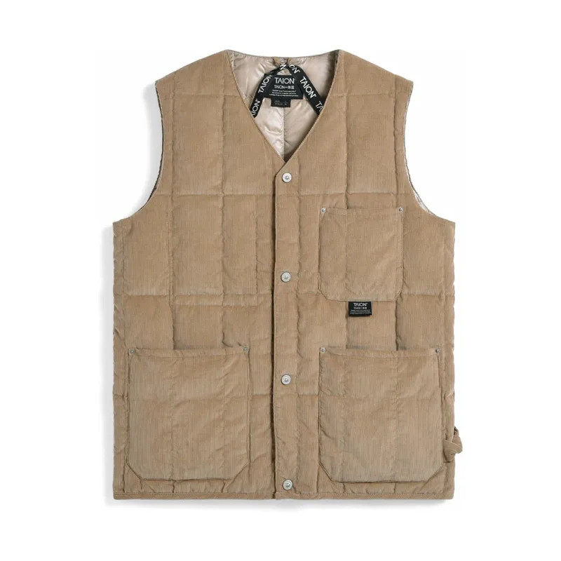 TAION-001BWK – Gilet Workwear Homme Col V à Boutons | Velours Beige