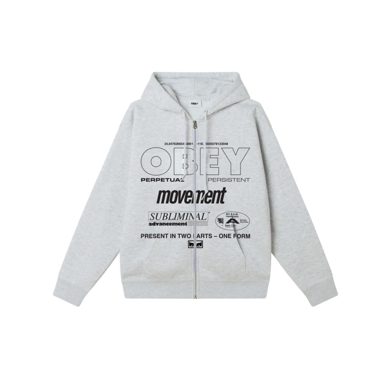 Obey Zip Hoodie Persistent Movement – Sweat à Capuche Gris Chiné Homme/Femme