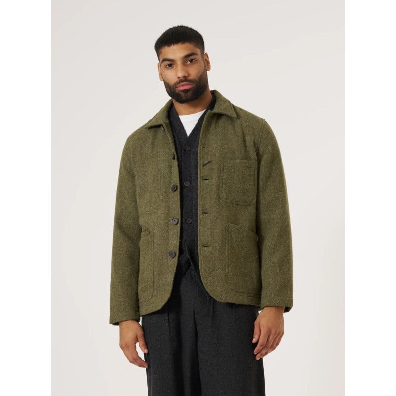 Bakers Jacket Universal Works – Harris Tweed Vert à Carreaux, 100% Laine, Style Chore Jacket