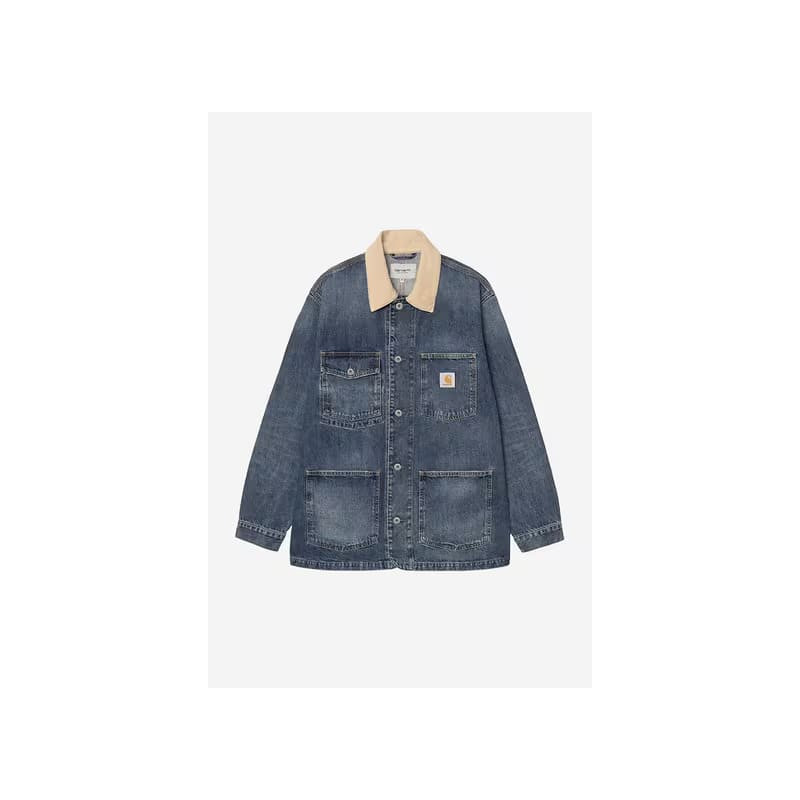 CARHARTT WARREN CHORE COAT BLUE DUSTY H BROWN DARK USED WASH