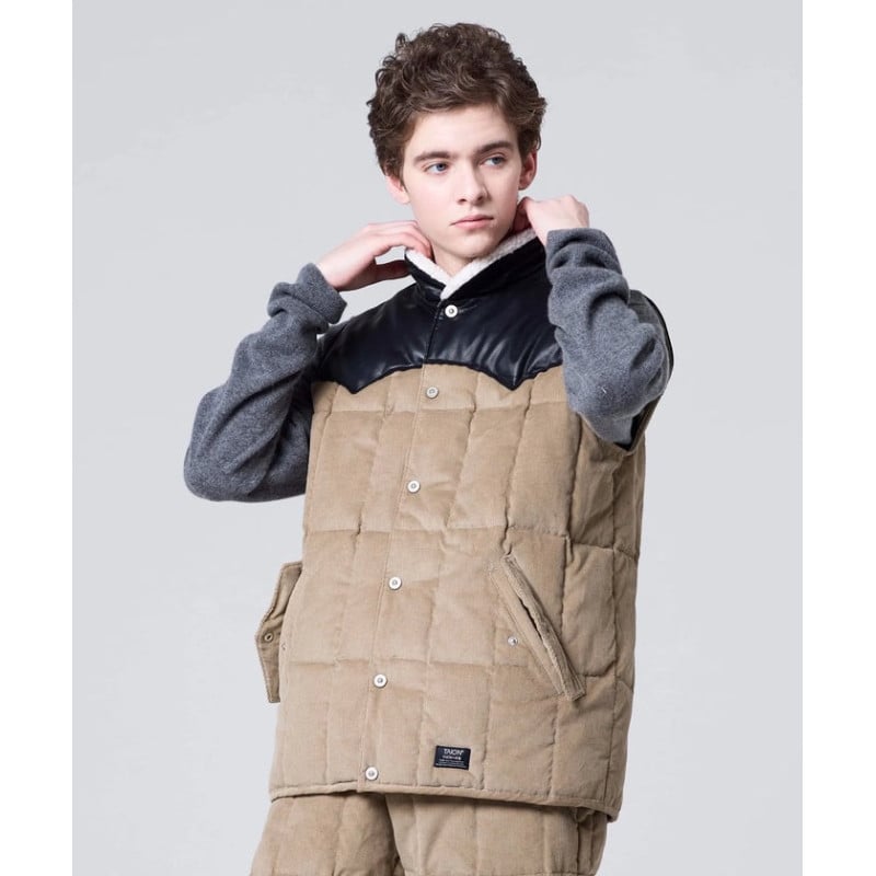 TAION 009 Western Work Down Vest Cord Khaki | Workwear Mixte